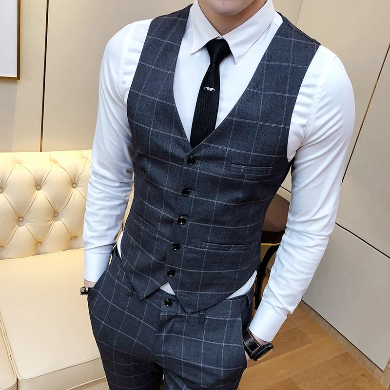Fashion Lattice Suit Vests Men Business Wedding Dresses Mens Vest Classic Slim Fit Male Waistcoat Size S-4XL