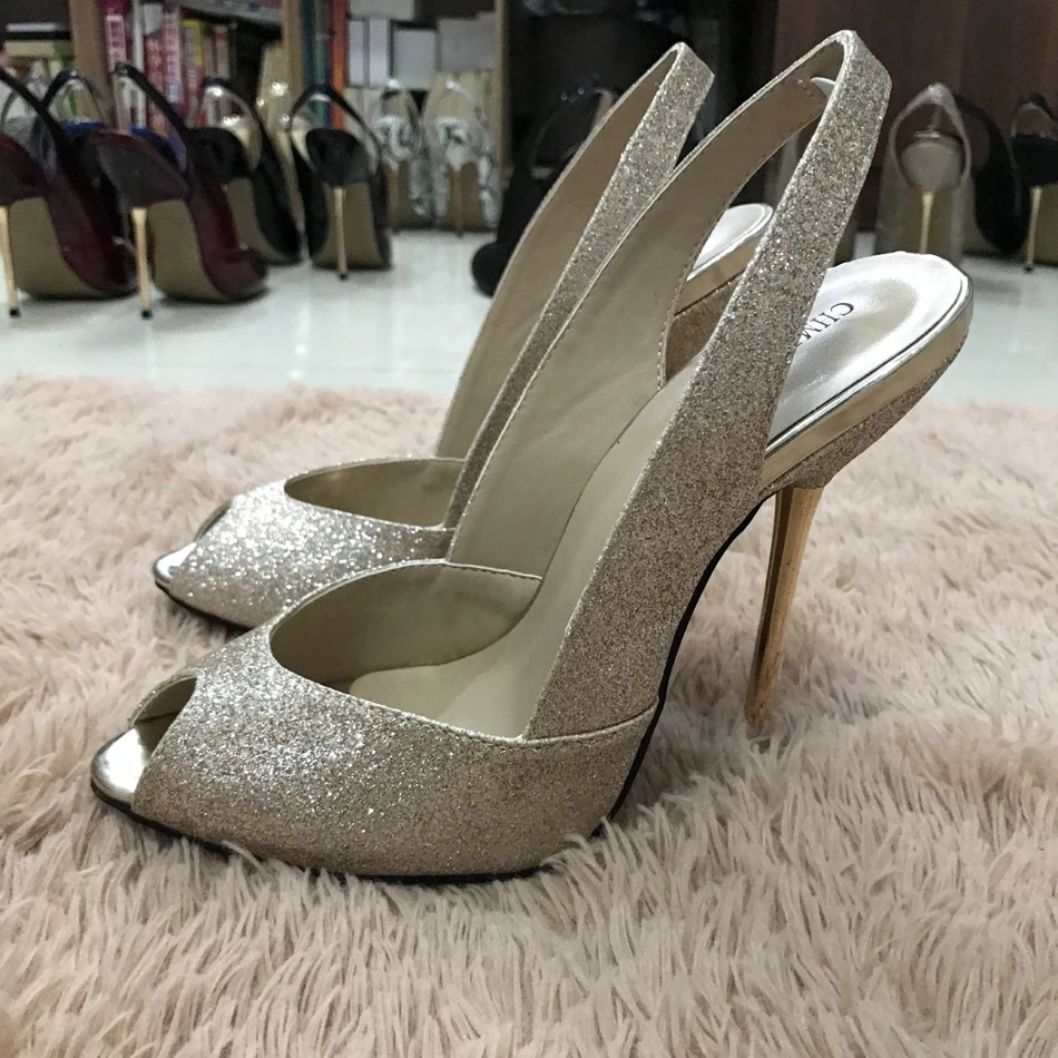 Женские босоножки на тонком металлическом высоком каблуке-шпильке; пикантные вечерние туфли с открытым носком на ремешке сзади с золотыми блестками для невесты; 3845-g9