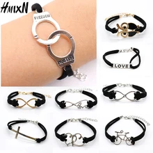 2018 NEW Multilayer Handcuffs simple Leather charm font b Bracelets b font Bangle Black Rope chain