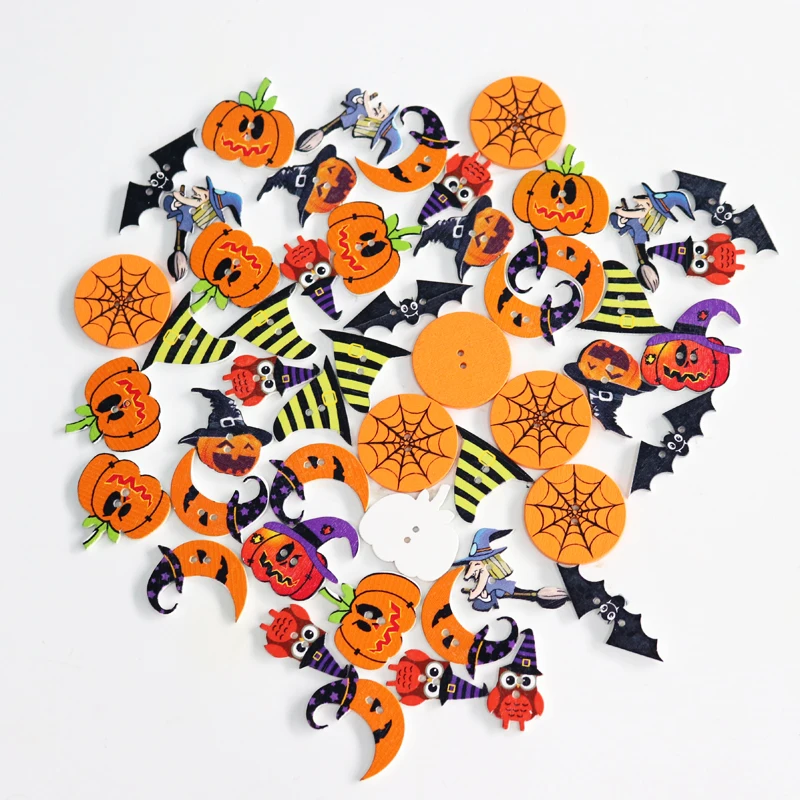 

50PCS Halloween Wooden buttons Pumpkin Hat Owl Devil Mixed 2 Hole Sewing wood Button for DIY Clothes Accessories Scrapbooking