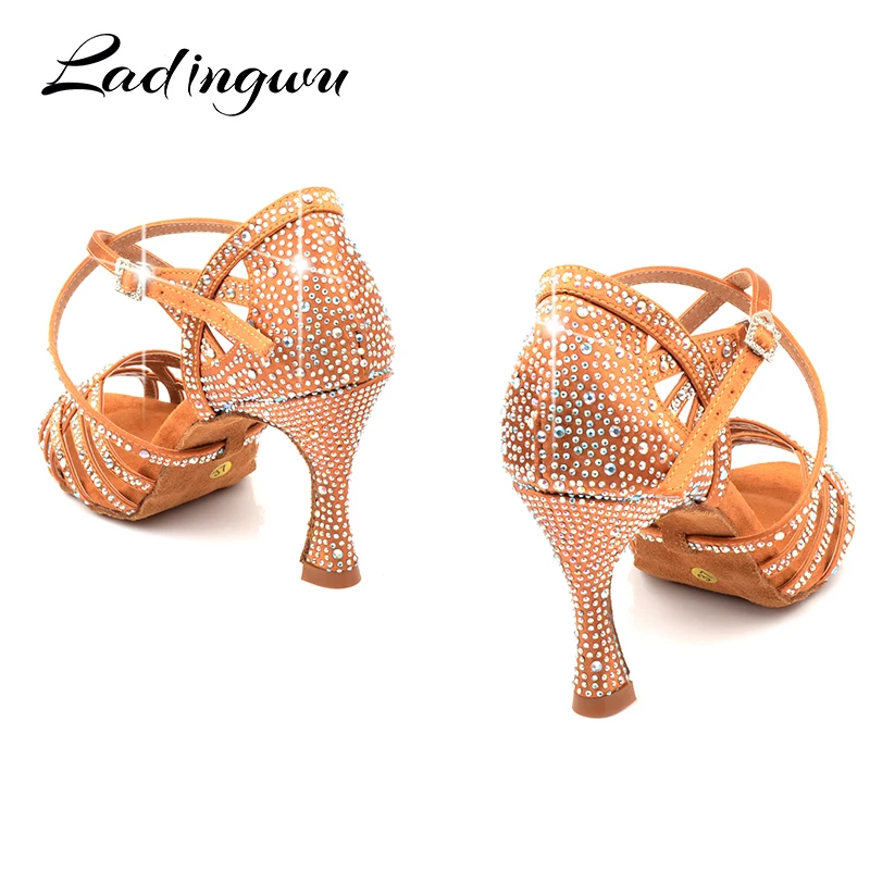 Ladingwu/шелковый атлас; Цвет абрикосовый и бронзовый; обувь для латинских танцев цвета шампанского; стразы; обувь для сальсы; женская обувь; zapatos de mujer