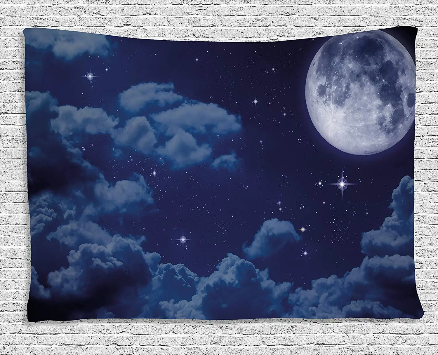 

Night Sky Tapestry by Cartoon Anime Scene Inspired Full Moon Lunar Clouds and Stars Artwork Wall Hanging for Room