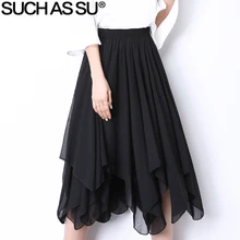Такая как SU Летняя мода черная шифоновая юбка Женская Новинка эластичная талия Асимметричная юбка богемная средняя длинная юбка