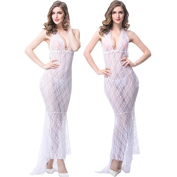 

New White Women Lingerie Sexy Hollow Lace See Through Long Dress Thong Underwear Sleepwear Elasticity Costumes Exotic Apparel