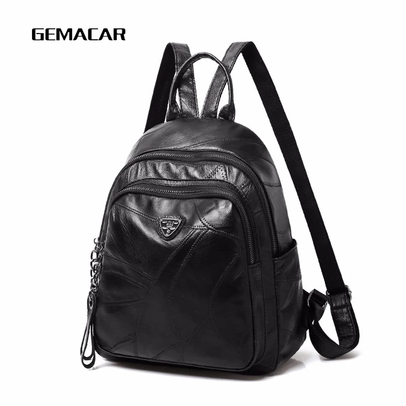 

Women Leather Backpack Fashion Trend Casual Female Backpack Large Capacity Work Out Backpack Stitching Sheepskin Black Girl Bag