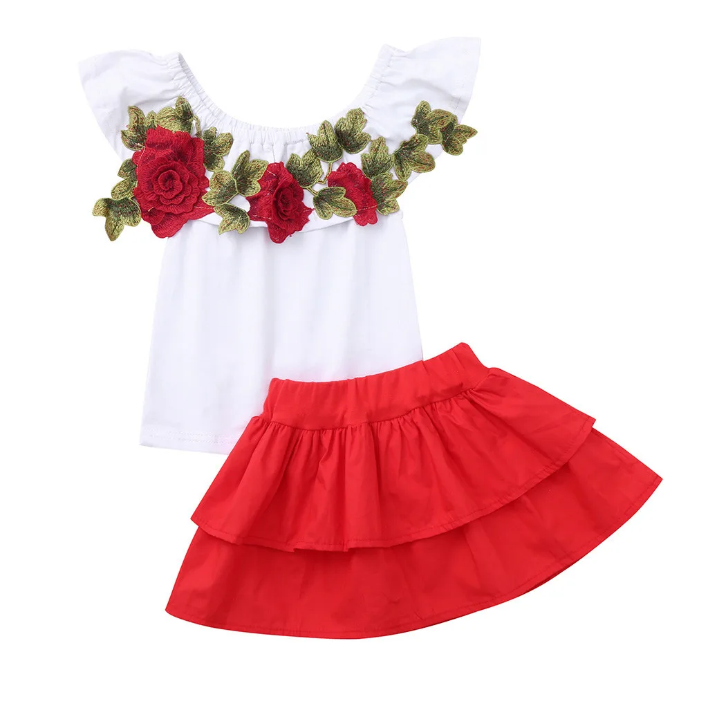Для маленьких детей для девочек с открытыми плечами Вышивка Роза Цветочные Топы+ юбки наряды летняя одежда meisjes kleding roupa menina