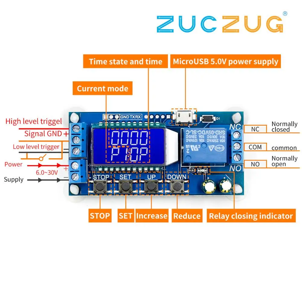 

6-30V Micro USB Digital LCD Display Time Delay Relay Module Control Timer Switch Trigger Cycle Module
