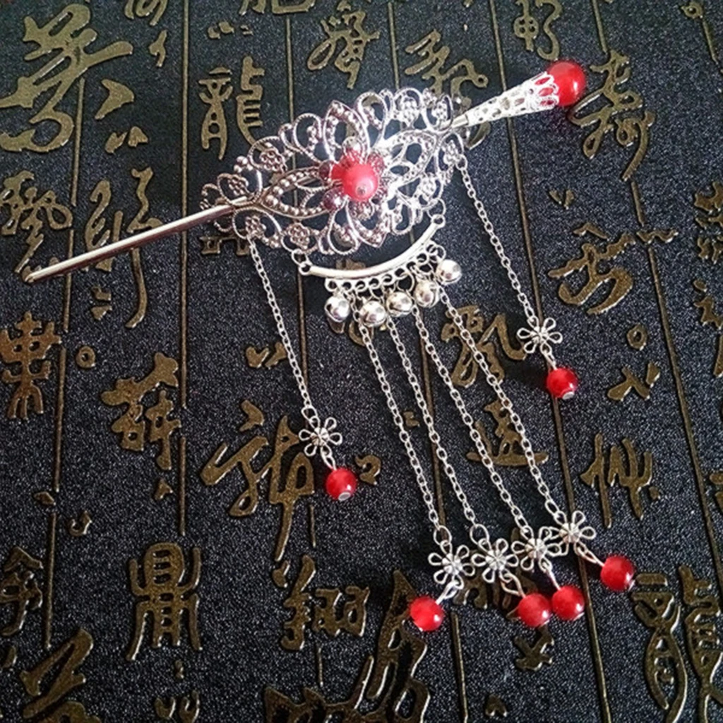 Womens Retro Traditional Chinese Wedding Floral Tassels Bells Hair Stick Chignon Chopsticks Headwear Jewelry