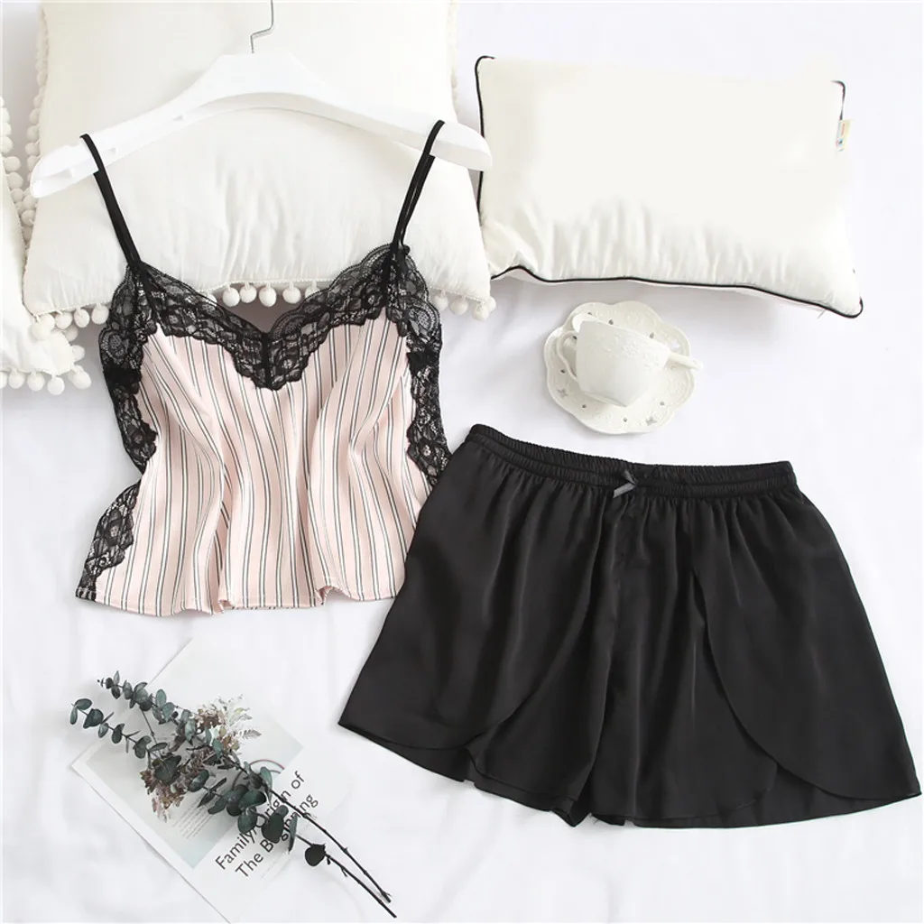 

Ladies Sexy Silk Satin Pajama Set Lace Pyjama Set Sleeveless Pijama Set V-neck Sleepwear Summer Home Wear Sleep Wear For Women