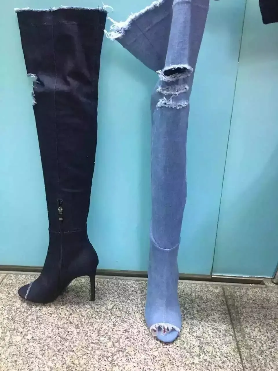 Blue denim women newest boots peep toe super high thin heels over the knee women cutouts fashion boots jeans boots Autumn boots