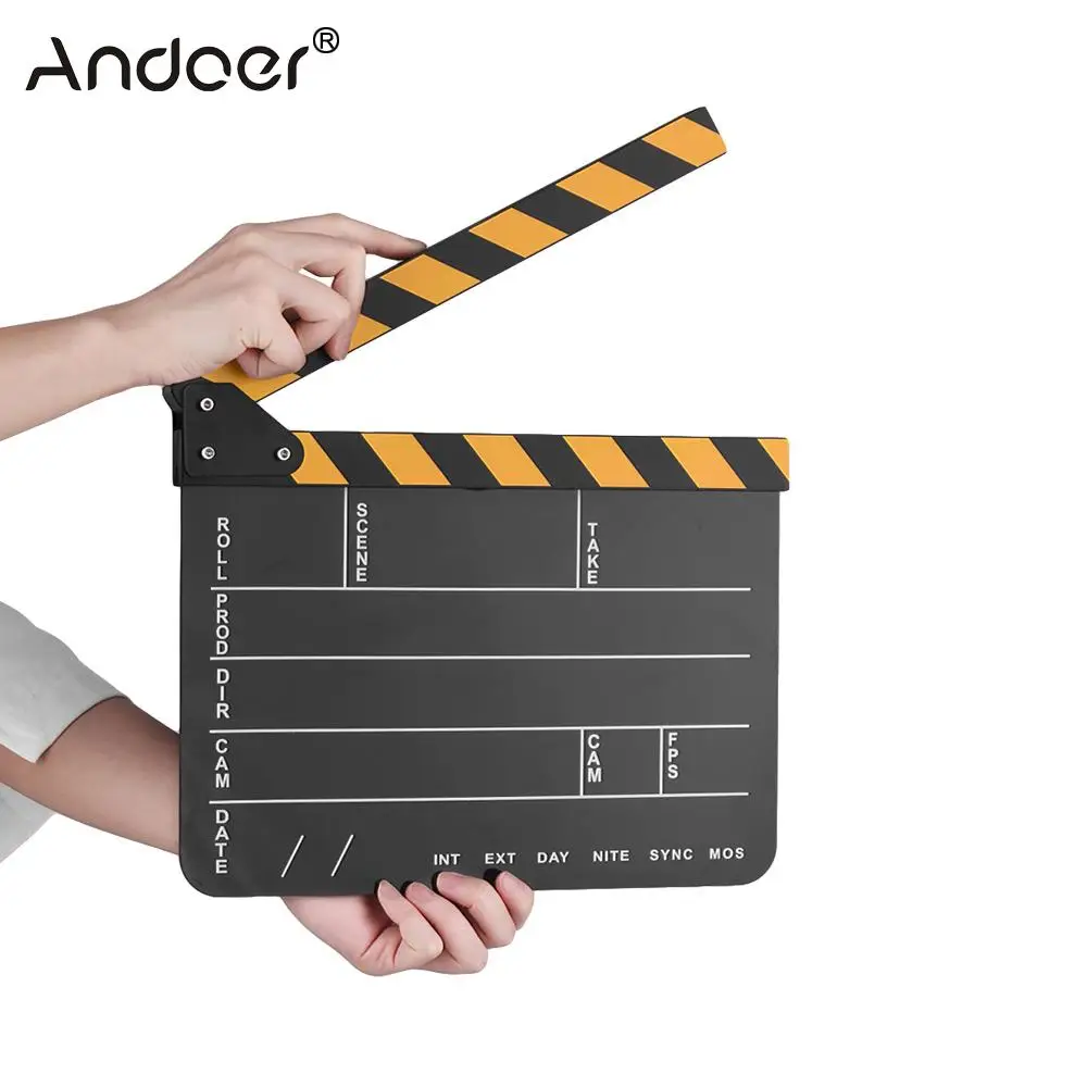 

Andoer Acrylic Director Film Clapboard Dry Erase Movie TV Cut Action Scene Clapper Board Slate with Yellow Black White Stick