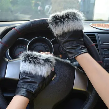

Winter Fashion Brand Famous Celebrities Women Genuine Leather Gloves Real sheepskin Rabbit Fur Fingerless Gloves baby Female