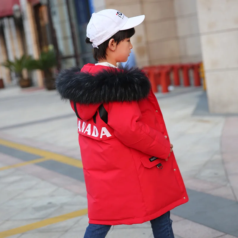 Детские зимние теплые пуховики куртка с меховым капюшоном для мальчиков-подростков до-25 градусов детская утепленная верхняя одежда на утином пуху, пальто - Цвет: Model 2 Red