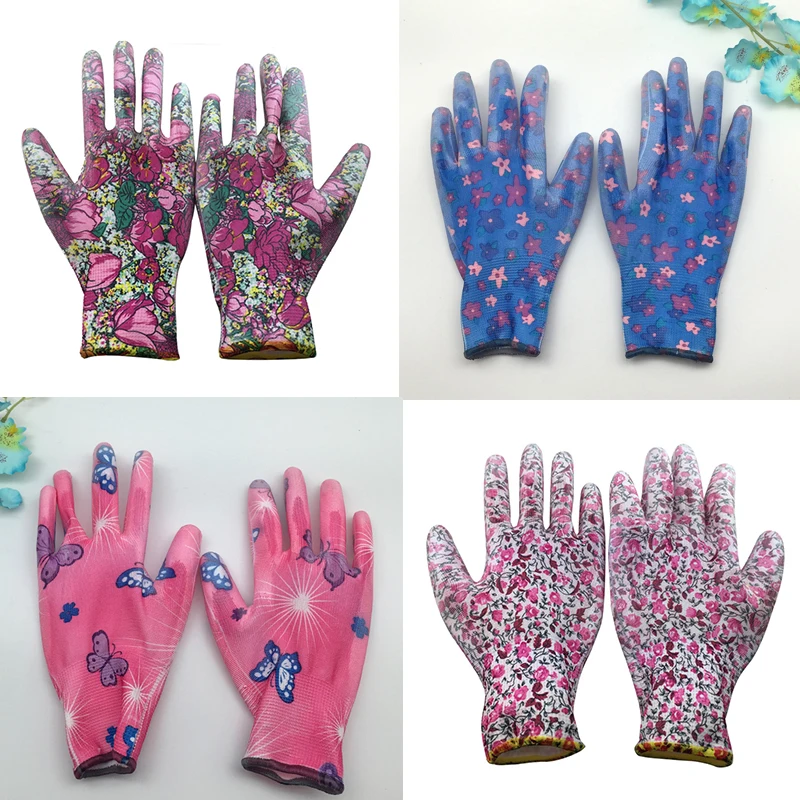 NMSafety 3 Pairs Lightness 13 Gauge Flower Print Polyester Liner Coated PU Gloves Women Garden Gloves Fashion