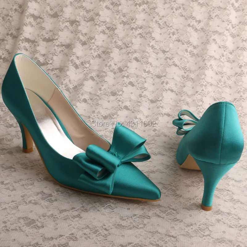 Атласные туфли оливкового цвета; свадебные туфли с бантом на среднем каблуке; женские туфли-лодочки с острым носком