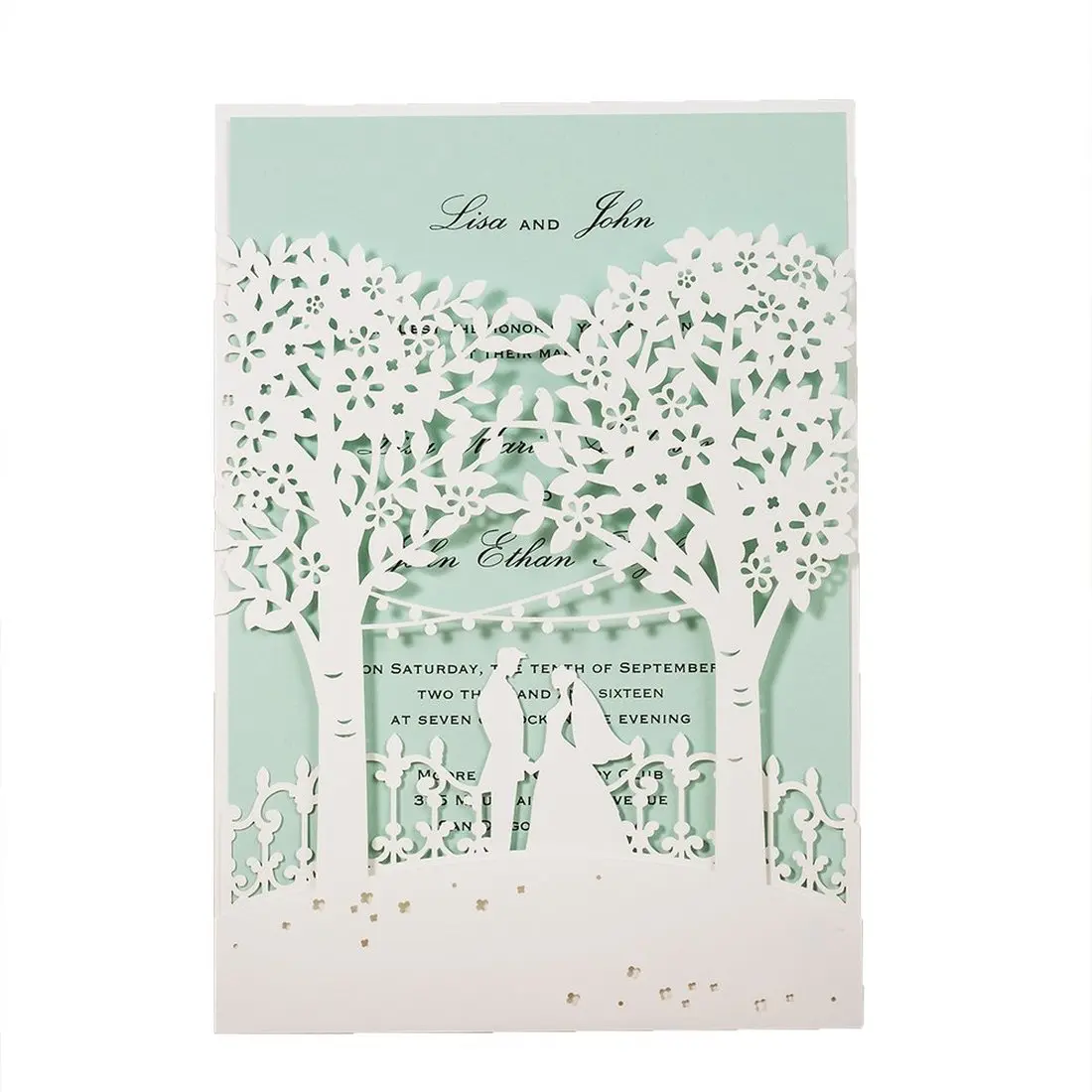  50Pcs White Bride GroomTree Laser Cut Wedding Invitations Card with Envelope and Blank Mint & Pink  - 32989537133