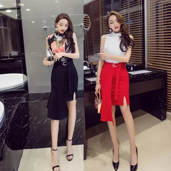 

Summer new fashion casual solid temperament flexible skirt ladies slim pack hip fashion slim women girls asymmetrical skirt