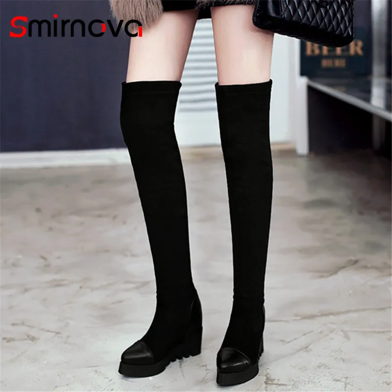 

Smirnova NEW arrive 2020 winter keep warm over the knee boots elegant flock+pu leather woman boots hot platform boots ladies