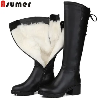 

ASUMER black fashion winter snow boots round toe keep waem knee high boots zip shearling comfortable pu+cow leather boots women