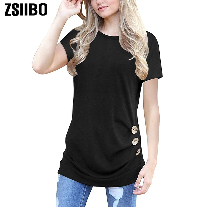 

Korea Summer Women's Round Neck Shirts Casual Short Sleeve Button Ladies Tops Solid Tunic Blouse Female Tops Blusas Plus Size