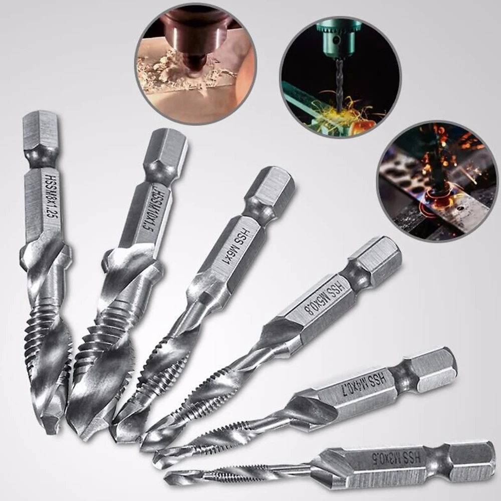

6Pcs/Set 2 In 1 1/4" Hex Shank HSS Metric Right Hand Screw Thread Tap Taper & Drill Bits M10