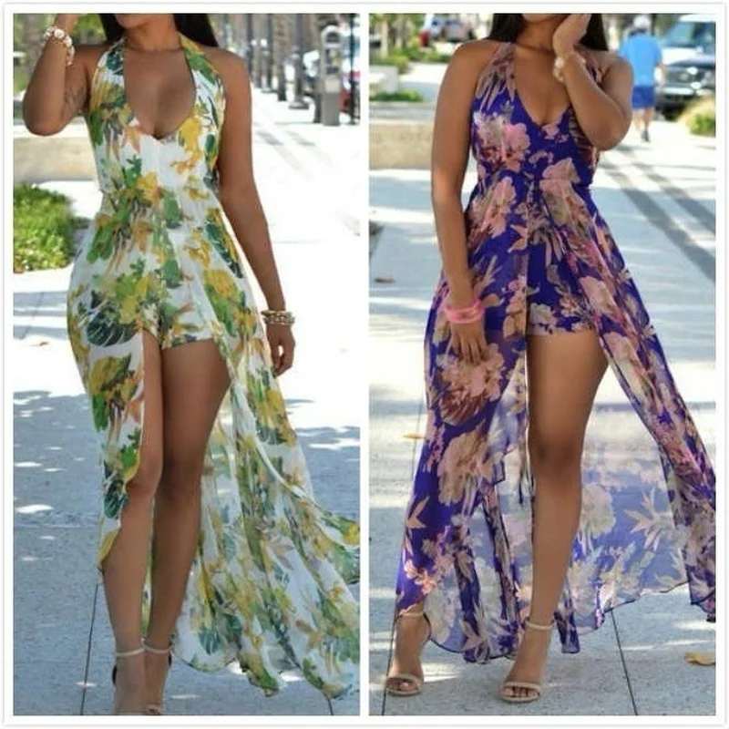 

Fashion Women Halter Flower Print Backless Split Maxi Romper