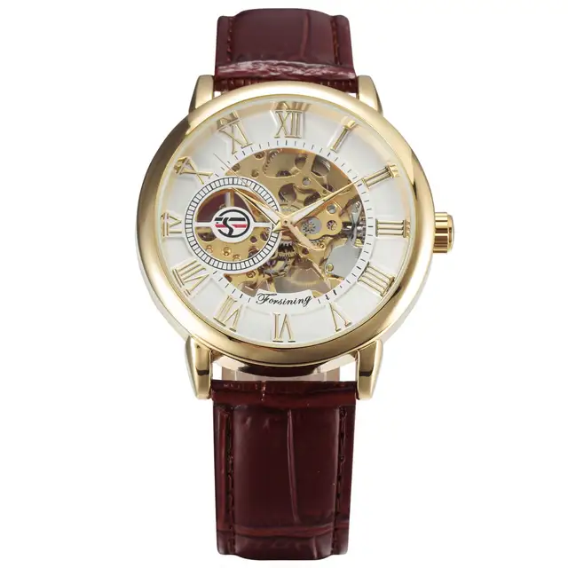 forsining 3d logo design hollow engraving black gold case leather skeleton mechanical watches men luxury brand heren horloge