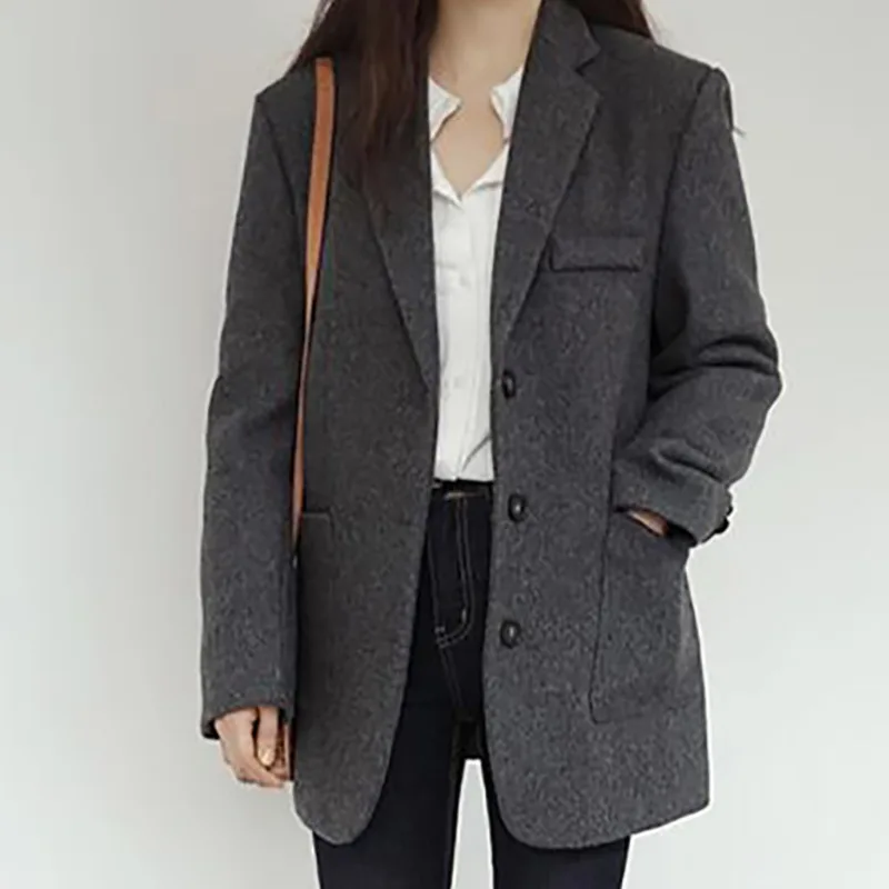 

LANMREM 2019 Autumn Winter New Casual Fashion Women Loose Plus Temperament Solid Color Single-breasted Short Woolen Coat TC797