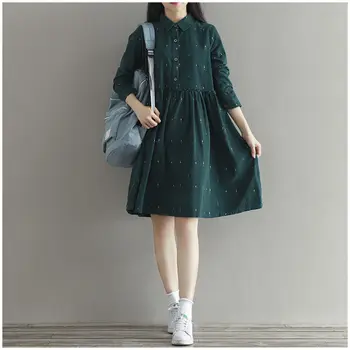 

Plus Size Corduroy Dresses Print Mori Girl Autumn Dress Green Turn-down Collar Button A-Line Long Sleeve Midi Dresses For Women