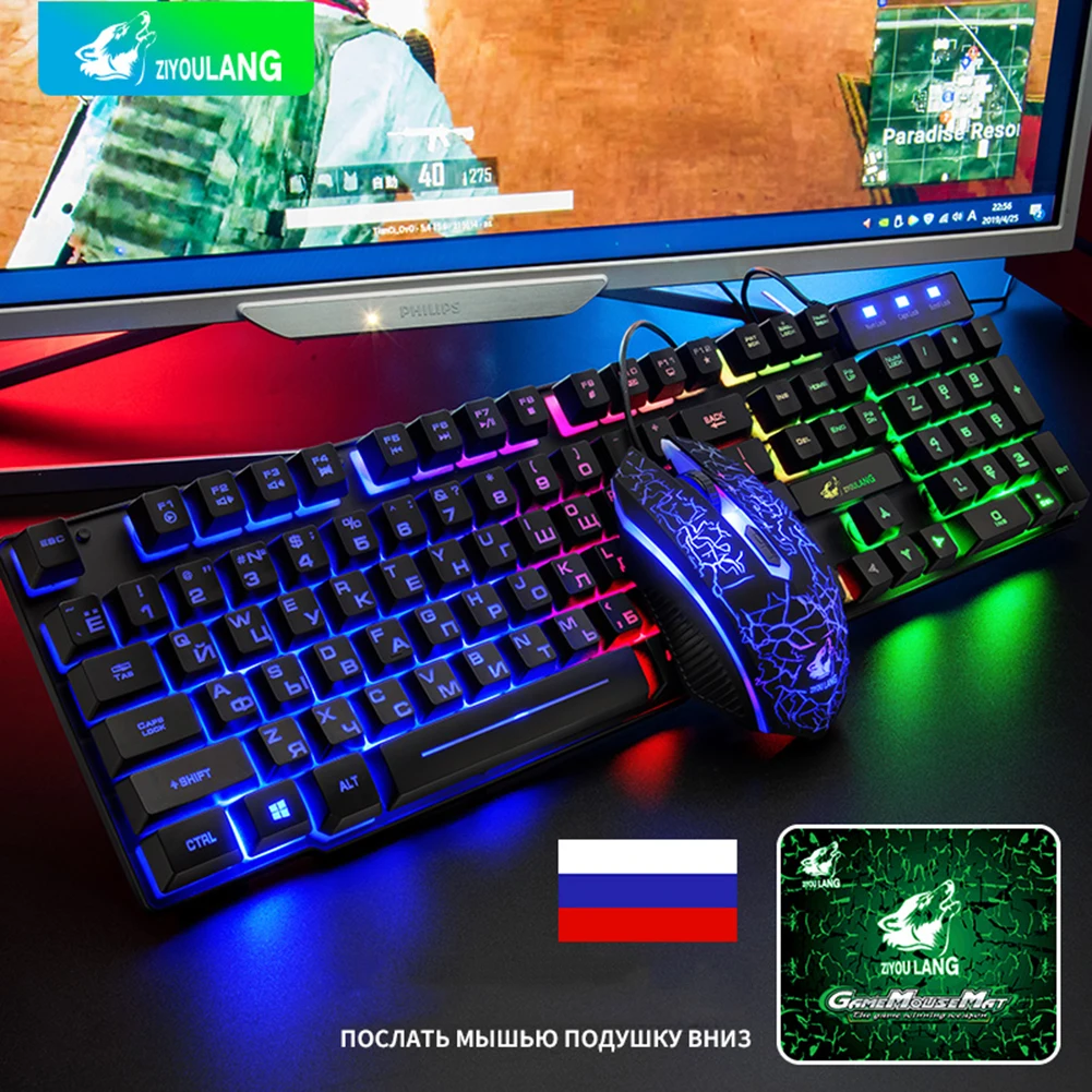 

Gaming Keyboard and Mouse Set Wired Waterproof RGB Backlight Mechanical Game Keyboards with Mouse Kit Support Russian/English