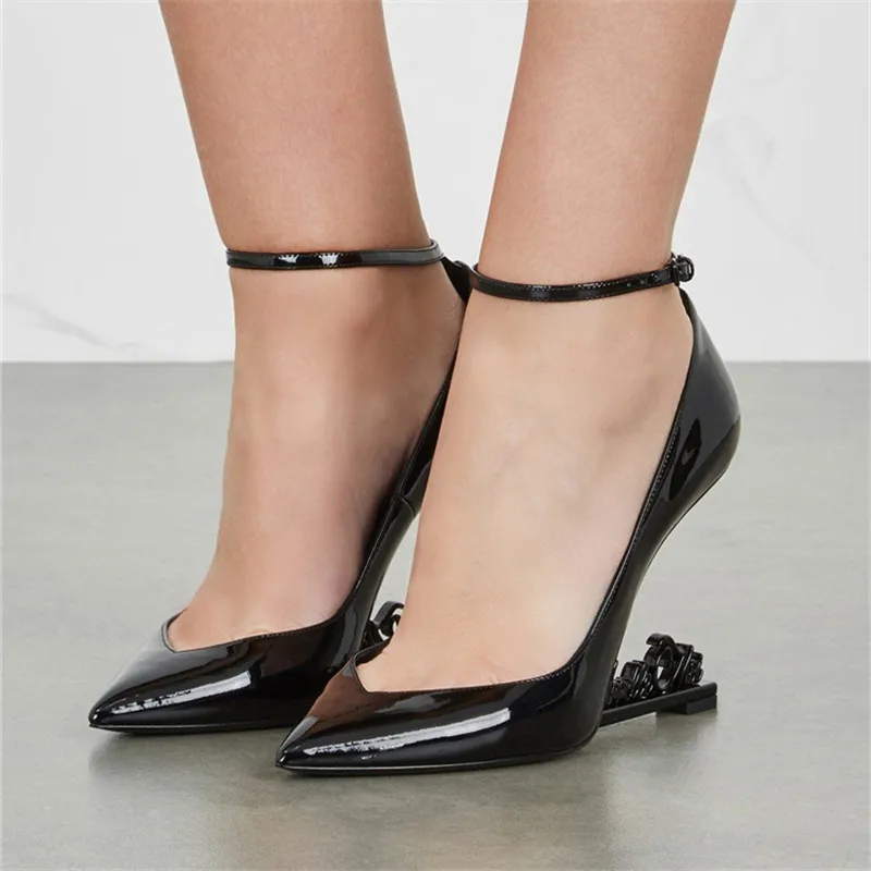 Jady Rose 2019 New Metal Letters Heel Women Pumps Patent Leather High Heels Mary Jane Wedding Dress Shoes Woman Valentine Shoes