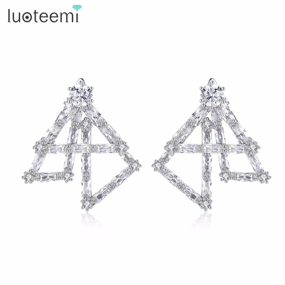 

LUOTEEMI New Vintage Square CZ Crystal Stud Earrings Double Side 2 Parts Triangle Shape Geometric Brincos for Girls Party Gifts