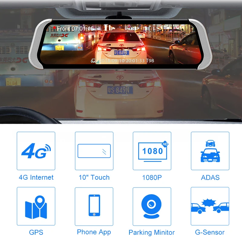 Зеркало заднего вида Fansicouk 10 дюймов Android 4G FHD 1080P ADAS GPS двойная камера