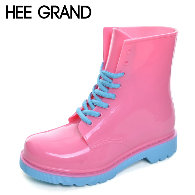 

HEE GRAND 2017 Rain Boots Candy Colors Platform Women Ankle Boots Lace-Up Casual Shoes Woman Pink Flats Shoes XWX4145