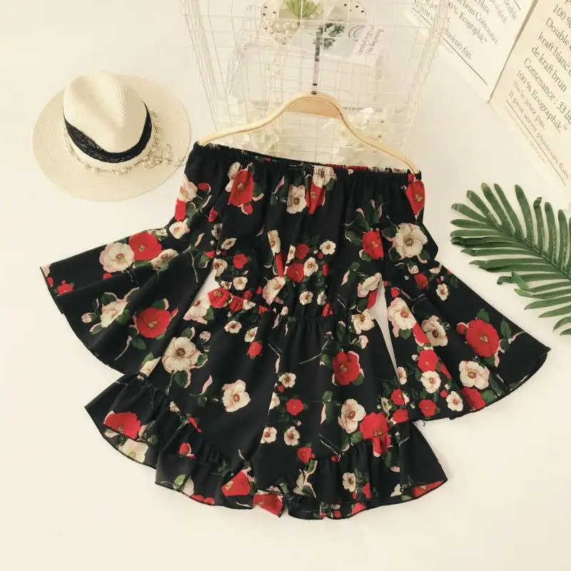 Для женщин шифон Playsuit свободные спинки Цветочный Принт высокой талией Slash шеи