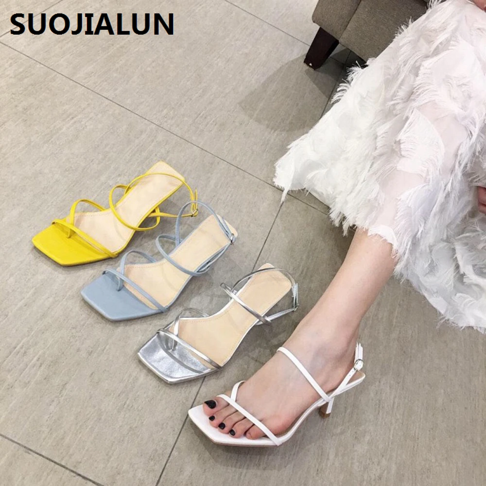 

2019 Women Summer Sandals Heels Shoes Lace Up Open Toe Back Strap High Heels Crystal Slides Square Sandals Beach Sandals