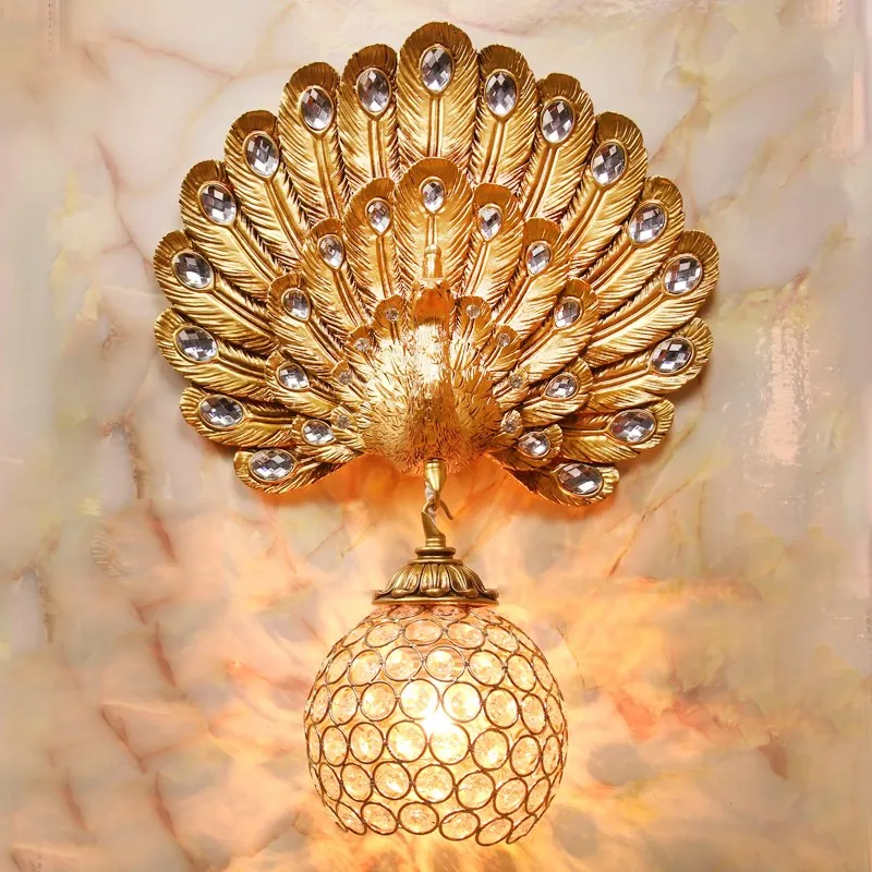 

Modern LED Wall Lamp K9 Crystal Gold Peacock Wall Lamp E27 Lighting Fixture Resin Wall Sconce For Art Bedroom Corridor lamp G728