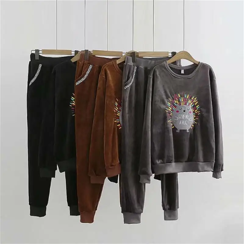 

Plus sizes autumn winter black & gray & Caramel color velour 2 piece set women 2018 O-Neck print tops and high waist Pants 4XL