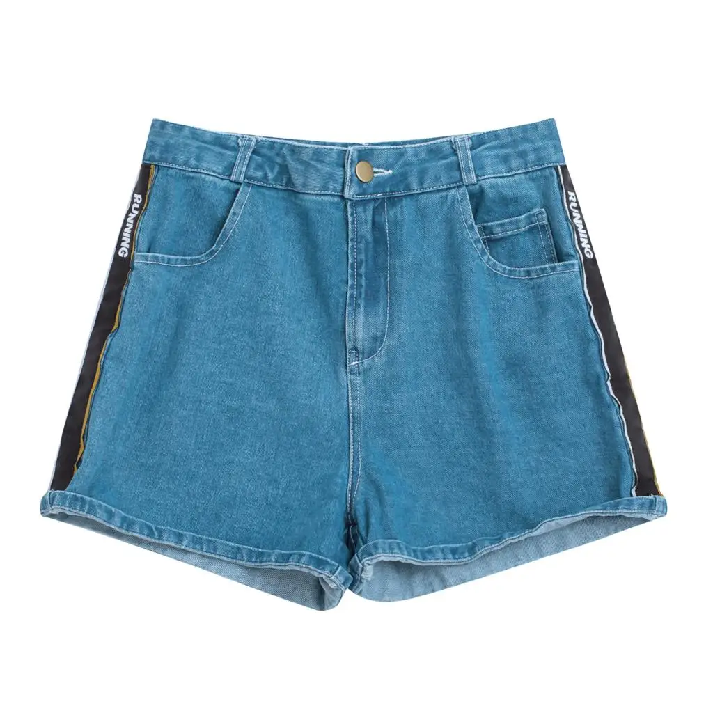 Casual Preppy Style RUNNING Print Ribbon Women Summer Denim Shorts Blue