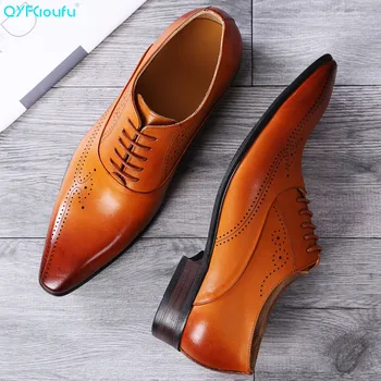 

QYFCIOUFU Pointed Toe Dress Shoes Men Fashion Genuine Leather Wedding Shoes Luxury Lace-up Business Office Men Formal Shoes