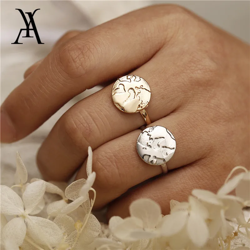 

Boho Gold Color Engraved Earth World Map Adjustable Ring Bague Vintage Travel Wanderlust Best Friends Rings for Women Anillos