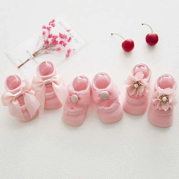 3 пары/6 шт., летние носки для маленьких девочек, хлопковые нескользящие носки-тапочки с бантиком для новорожденных, мягкие детские Нескользящие носки для девочек 0-3-6-12 лет - Цвет: pink