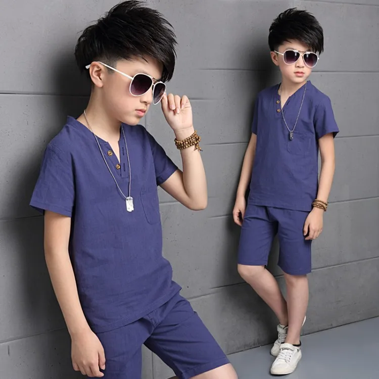

Summer Clothing Sets Boys cotton Linen Big Solid T-Shirts Pants 2 Pcs Casual Boys Costume Suits Teenage Children Clothing 4-16T