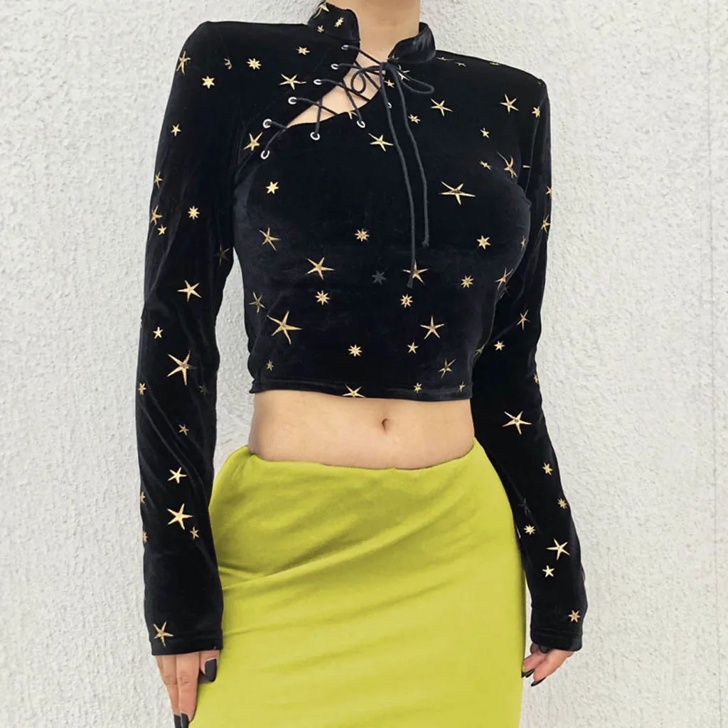 

Multicolor Mock Neck Twist Hem Mixed Print T-shirt Stand Collar Long Sleeve Pullover Tee Autumn Casual Women Shirt Top #1