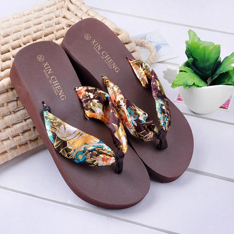 Пляжные сандалии с цветочным узором в богемном стиле; вьетнамки на танкетке и платформе; женские флип-флопы;#25 - Цвет: Coffee