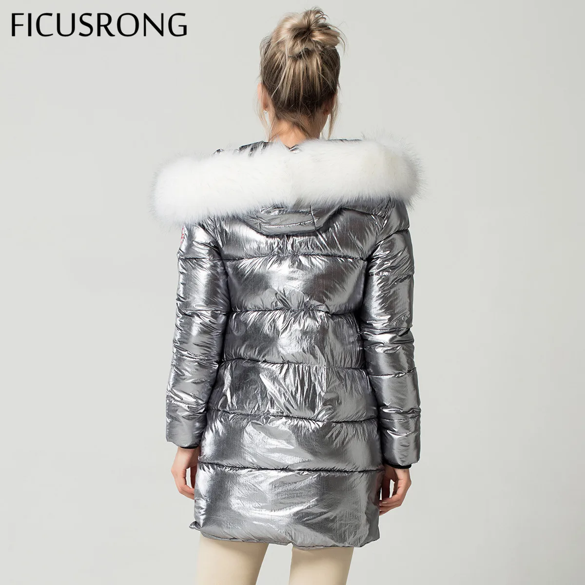 Elegant White Fur Collar Coat Winter Jacket Women Long Down Parkas Female Warm Hooded Jacket Coat Silver Gray 2018 New FICUSRONG