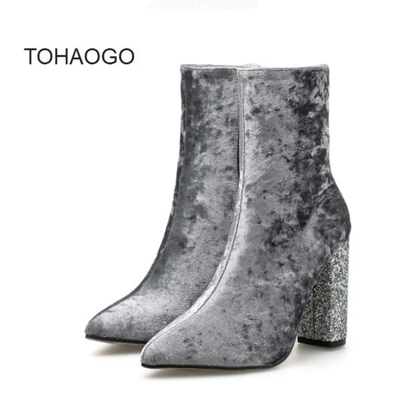 

2018 new Crude heel sequined high heel women's boots gold velvet face pointed boots black, grey ankle boots Female boty