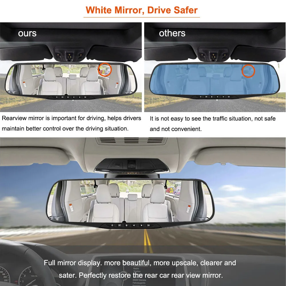 TAVIN Dual lens Car dvr white Mirror Dash cam Rearview Mirror car Camera Full hd 1080P video Recorder Night vision 4.3inch DVRs