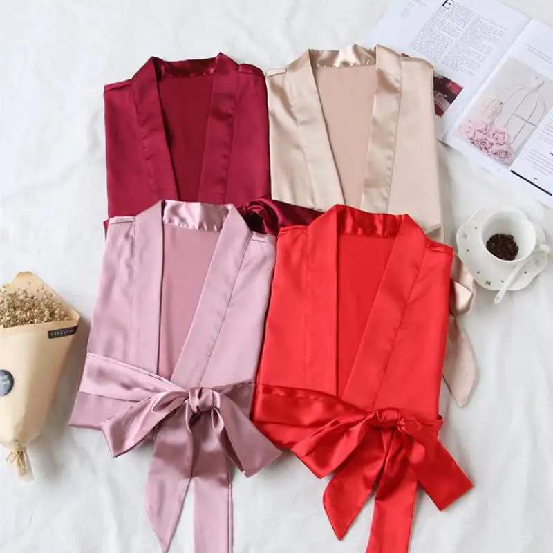 M-XXL Women Sexy Kimono Bathrobe Bride Wedding Robes Bridesmaid Solid Sleepwear Home Dress Bath Gown Satin Nightdress Negligee