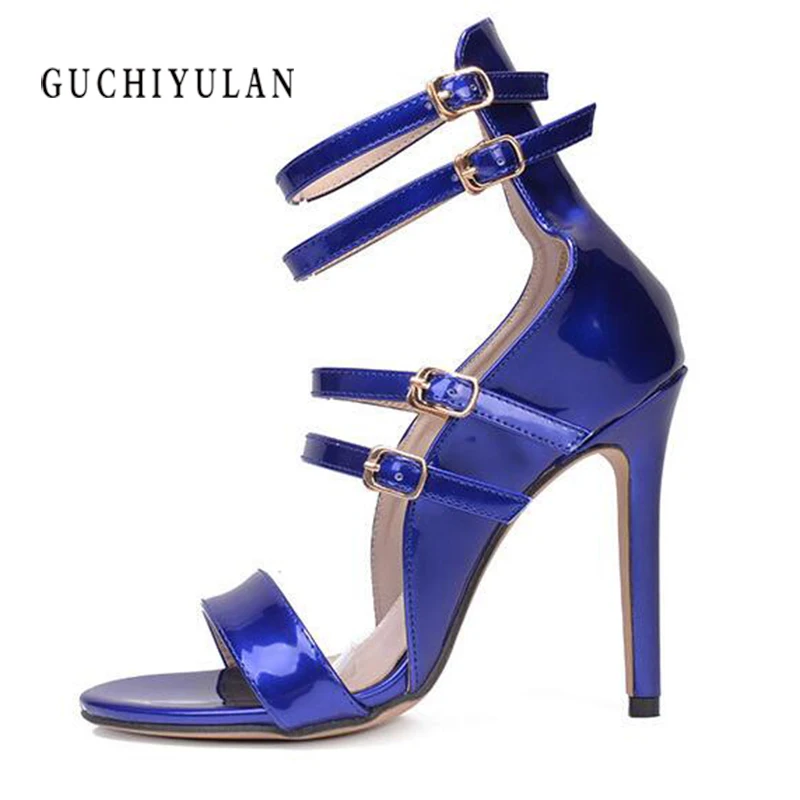 

woman pumps11cm Sexy catwalk strap buckle with open toe heels sandals banquet shoes extreme high heels Patent Leather Black blue